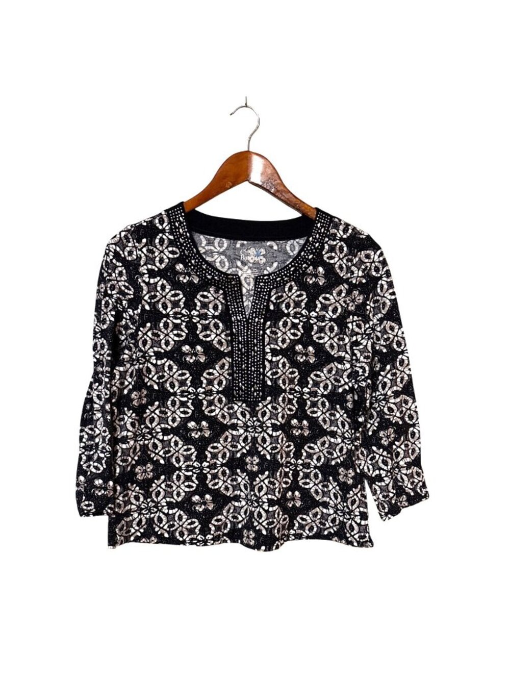 Croft & Barrow PM Black & Beige Floral 3/4 Sleeve Top With Studded Neckline